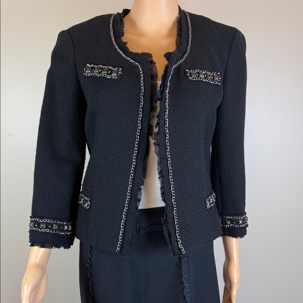 La Rok Luxe Black Tweed Jacket with Studded Chain Detail